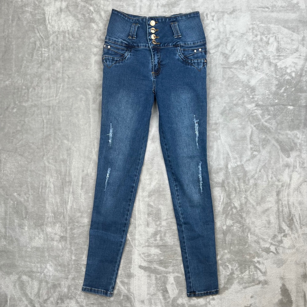 Verox 12 High Waisted Skinny Jeans Blue Denim Distressed Button Fly